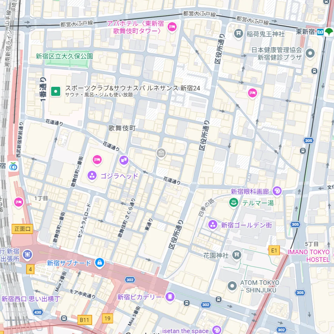 新宿駅東口・正面口から歌舞伎町一番街アーチまでの周辺地図｜花道通り・ゴジラヘッド・セントラルロード・さくら通り・区役所通り・新宿サブナードの位置関係