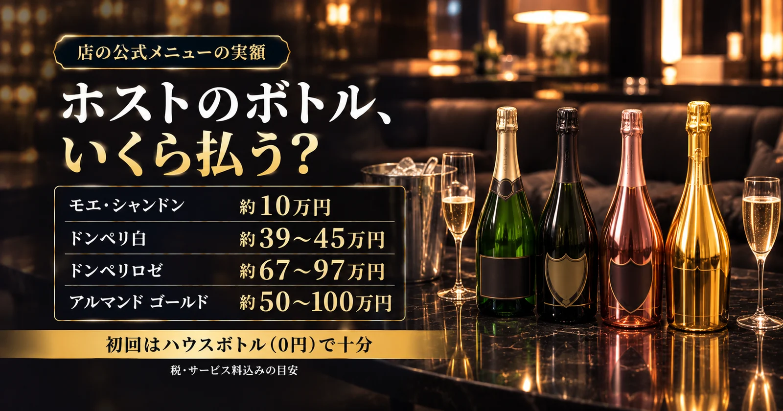ホストのシャンパン・ボトル値段一覧|銘柄別の相場と実支払い
