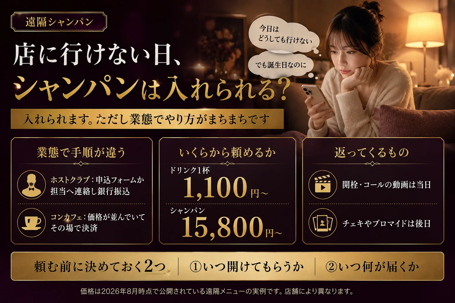 遠隔シャンパンの頼み方|ホストは振込、コンカフェは即決済
