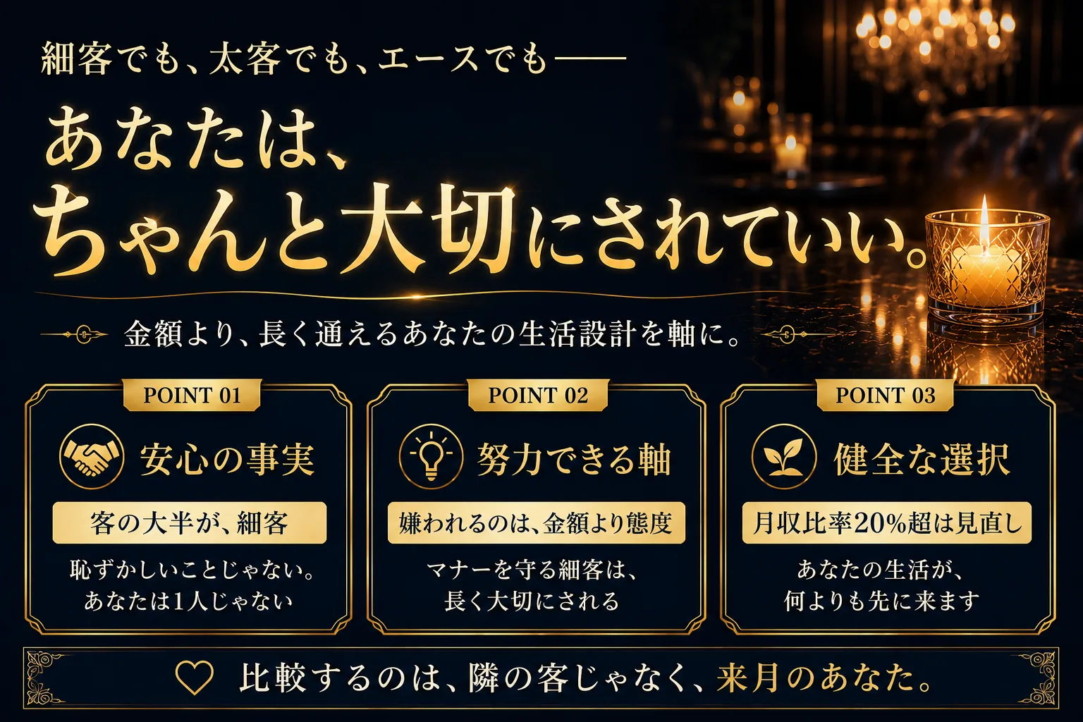 細客でも太客でもエースでも、あなたはちゃんと大切にされていい。客の大半が細客(恥ずかしいことじゃない)、嫌われるのは金額より態度(マナーを守る細客は長く大切にされる)、月収比率20%超は見直し(あなたの生活が何よりも先に来ます)。比較するのは隣の客じゃなく来月のあなた