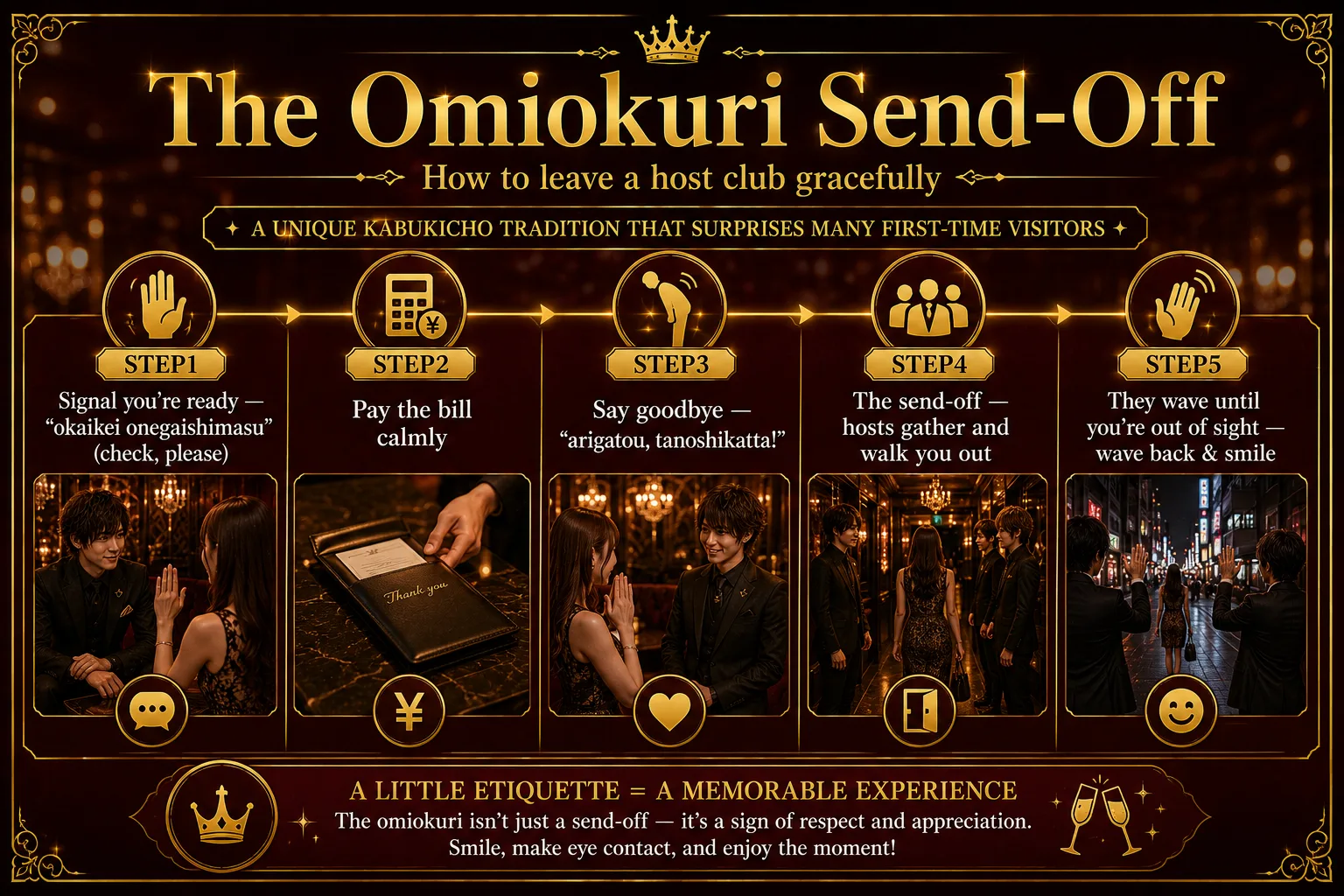 The omiokuri send-off: how to leave a Tokyo host club gracefully in 5 steps — ask for the check, pay calmly, say goodbye, the hosts walk you out, and they wave until you are out of sight