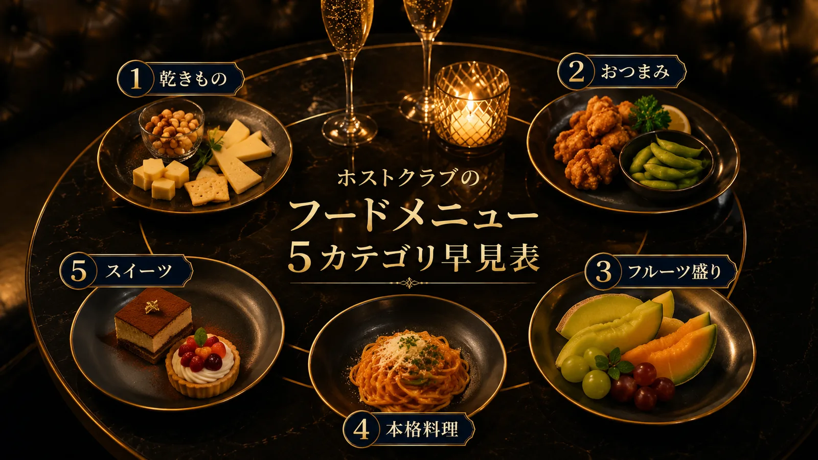 ホストクラブのフードメニュー一覧｜5カテゴリ（乾きもの・おつまみ・フルーツ盛り・本格料理・スイーツ）の価格帯と代表的な品を1枚で整理した早見表