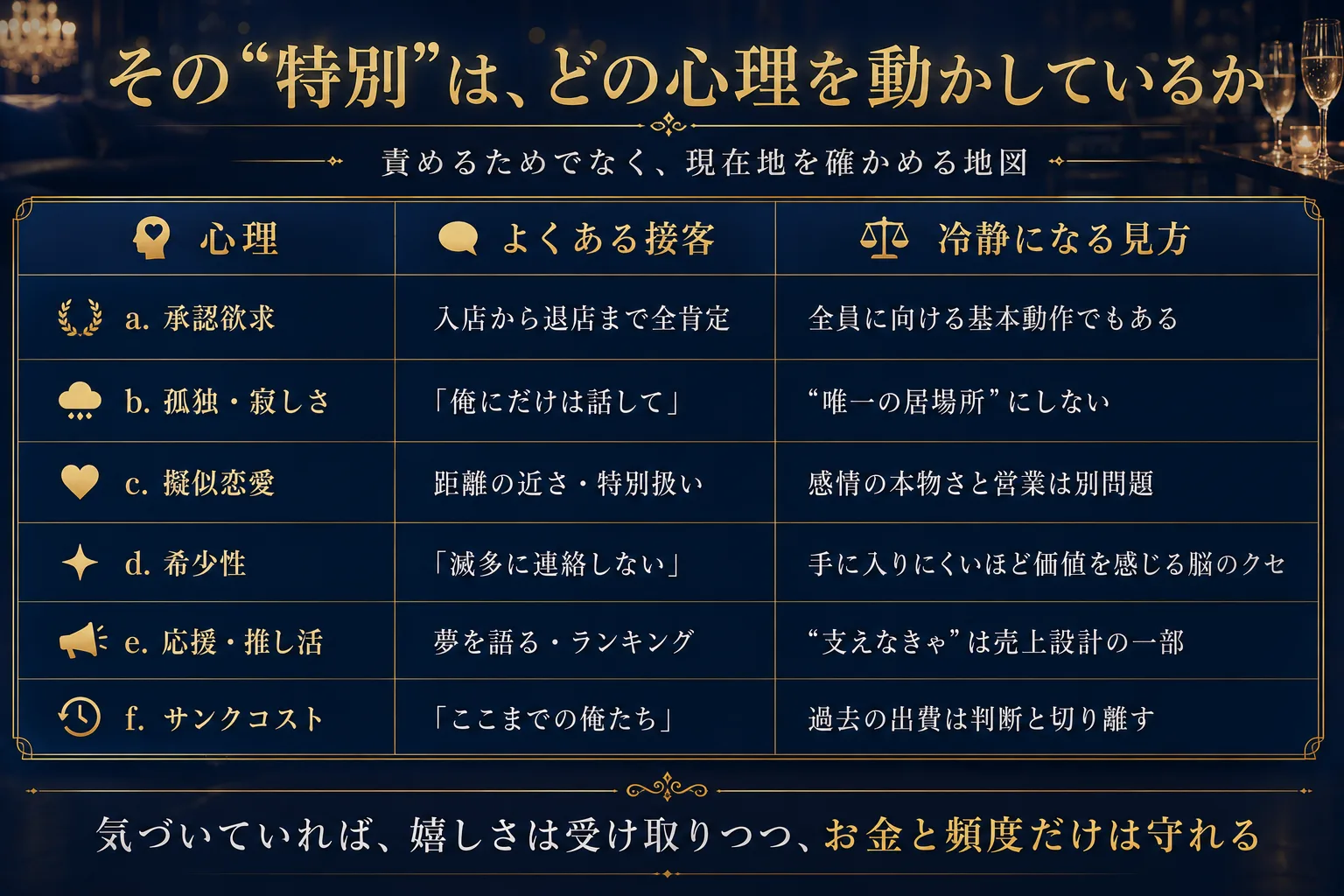 ホストが使う6つの接客手法と、それが動かす客側の心理・冷静になるための見方の対応表