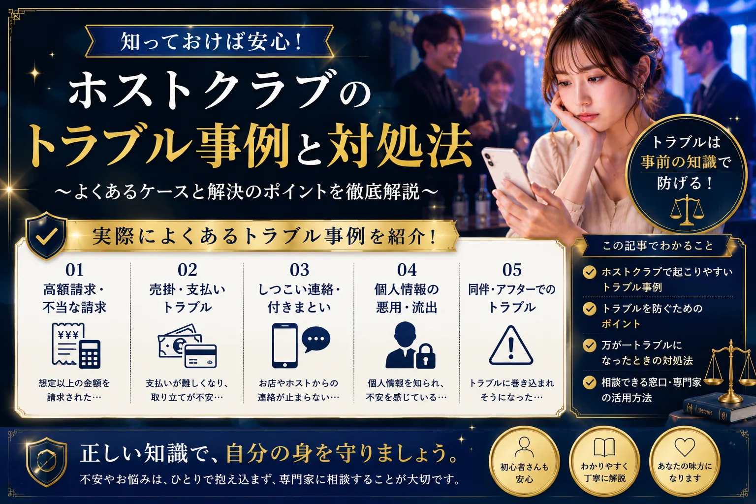 ホストクラブのトラブル事例と対処法(高額請求・売掛・しつこい連絡・個人情報の悪用・同伴アフターのトラブルと相談窓口)