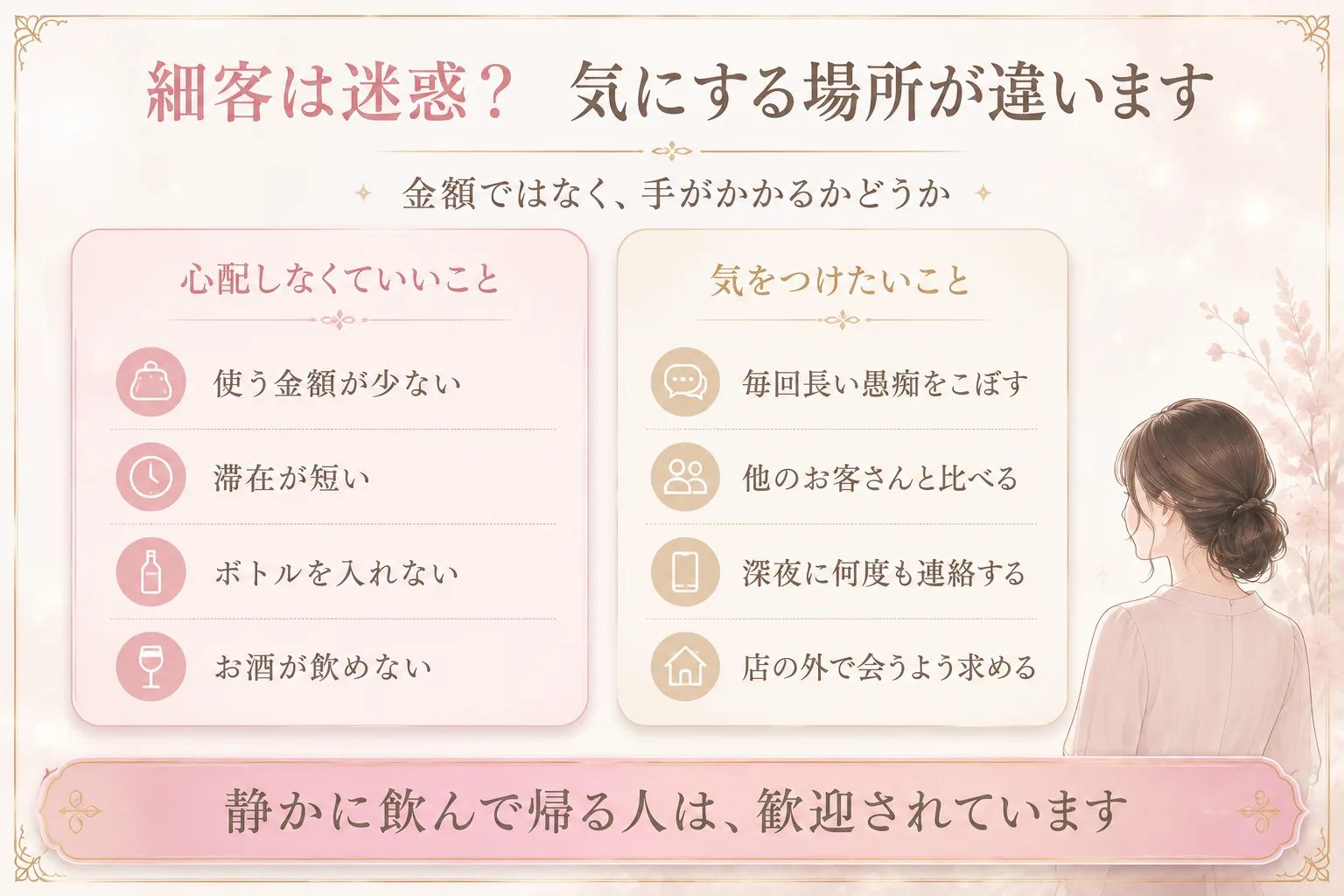 細客は迷惑？気にする場所が違います｜心配しなくていいこと（使う金額が少ない・滞在が短い・ボトルを入れない・お酒が飲めない）と、気をつけたいこと（毎回長い愚痴・他のお客さんと比べる・深夜に何度も連絡・店の外で会うよう求める）