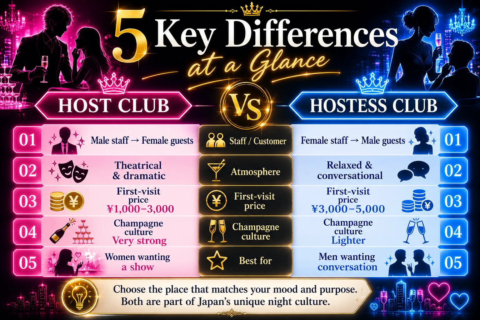 Host club versus hostess club at a glance: male hosts entertain female guests while female hostesses entertain male guests, compared by first-visit price, atmosphere and champagne culture