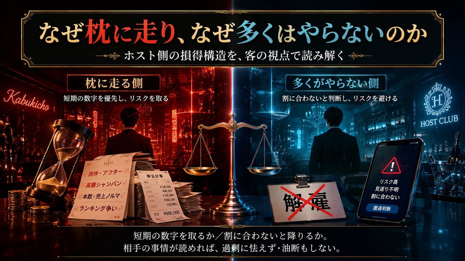 ホストが枕営業をする理由としない理由の構造|売上ノルマ・個人的な好み・追い込まれた事情という動機と、解雇・店舗処分・SNS晒し・会話で売れる腕という多くがやらない理由を客視点で整理