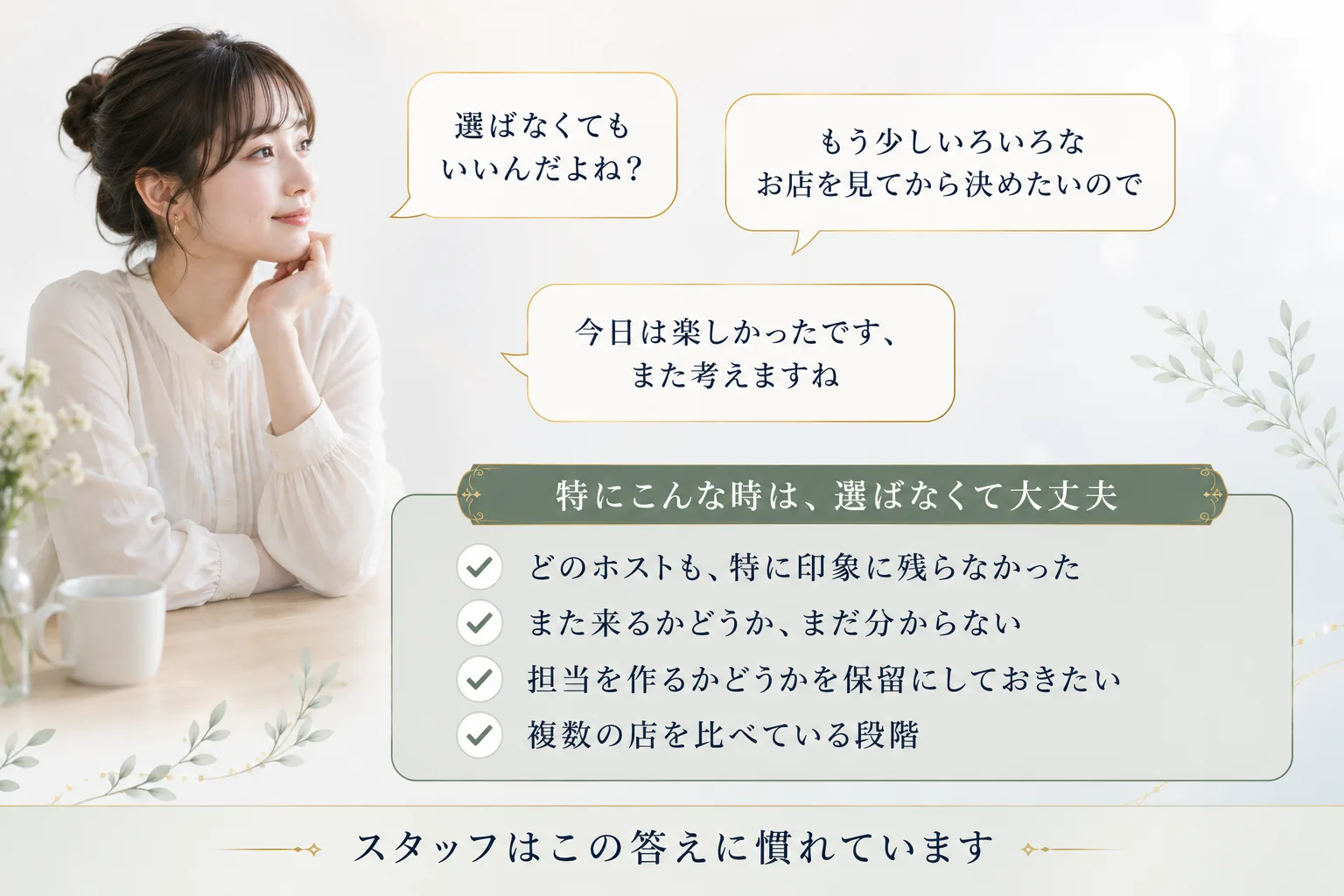 送り指名を断るときの言い方をまとめた図。「もう少しいろいろなお店を見てから決めたいので」「今日は楽しかったです、また考えますね」といった言い方でそのまま伝えられる。特に、どのホストも印象に残らなかった、また来るかどうか分からない、担当を作るか保留にしておきたい、複数の店を比べている段階、という時は選ばなくて大丈夫。スタッフはこの答えに慣れている