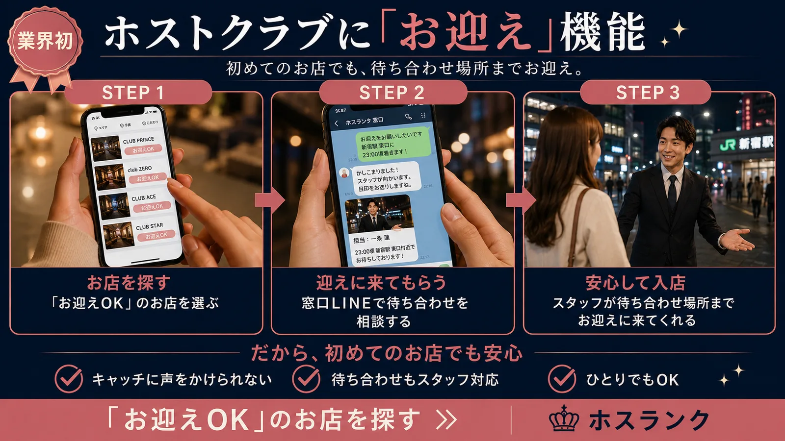 ホストクラブに「お迎え」機能。初めてのお店でも、待ち合わせ場所までお迎え。STEP1 お迎えOKのお店を探す/STEP2 窓口LINEで待ち合わせを相談/STEP3 スタッフが待ち合わせ場所までお迎え。だから初めてのお店でも安心。